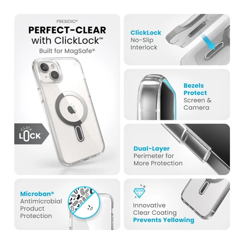 Kup Case Speck Presidio Perfect-Clear ClickLock MagSafe Apple iPhone 15 Plus / 14 Plus (Klar/Chrom-Finish/Serene Silber) - SPK527 - {ean13} - Sklep Home Screen