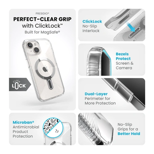 Buy Speck Presidio Perfect-Clear Grip ClickLock MagSafe Apple iPhone 15 (Clear/Chrome Finish/Serene Silver) - SPK532 - {ean13} - Home Screen Store Europe