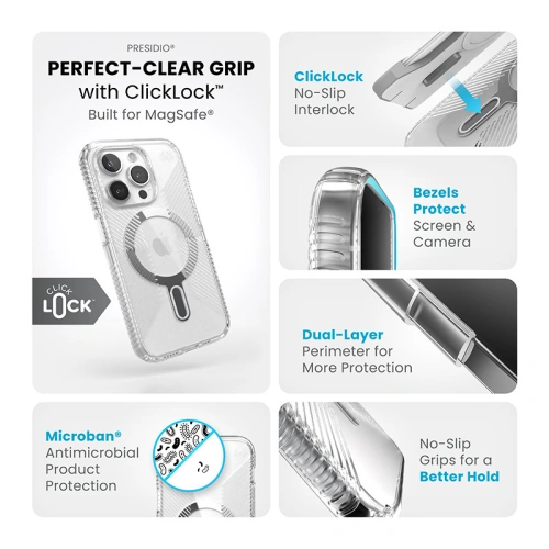 Kup Etui Speck Presidio Perfect-Clear Grip ClickLock MagSafe Apple iPhone 15 Pro (Clear/Chrome Finish/Serene Silver) - SPK533 - {ean13} - Sklep Home Screen
