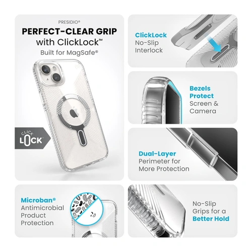 Kup Etui Speck Presidio Perfect-Clear Grip ClickLock MagSafe Apple iPhone 15 Plus / 14 Plus (Átlátszó/Chrome Fényes/Serene Silver) - SPK534 - {ean13} - Sklep Home Screen