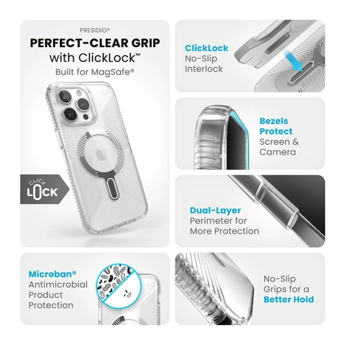 Kup Etui Speck Presidio Perfect-Clear Grip ClickLock MagSafe Apple iPhone 15 Pro Max (Clear/Chrome Finish/Serene Silver) - SPK535 - {ean13} - Sklep Home Screen