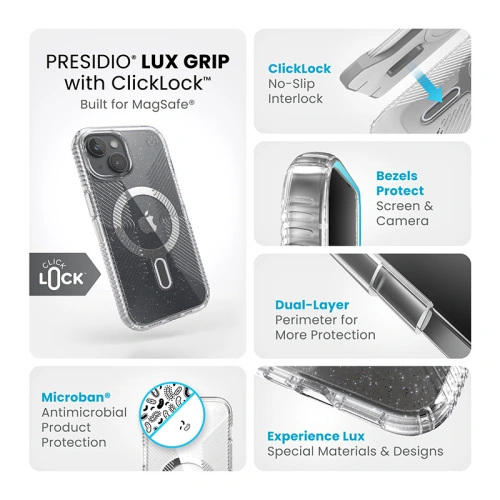 Buy Speck Presidio Lux Grip ClickLock MagSafe Apple iPhone 15 (Clear/Chrome Finish/Serene Silver) - SPK536 - {ean13} - Home Screen Store Europe