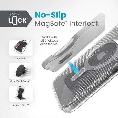 Kup Speck Apple Carcasă Presidio Lux Grip ClickLock MagSafe iPhone 15 Plus / 14 Plus (Clear/Chrome Finish/Serene Silver) - SPK538 - {ean13} - Sklep Home Screen