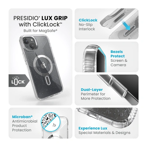 Kup Speck Apple Carcasă Presidio Lux Grip ClickLock MagSafe iPhone 15 Plus / 14 Plus (Clear/Chrome Finish/Serene Silver) - SPK538 - {ean13} - Sklep Home Screen