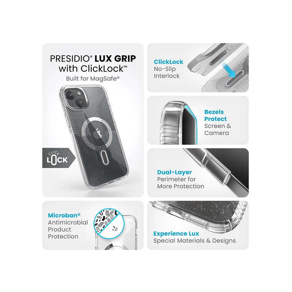 Etui Speck Presidio Lux Grip ClickLock MagSafe Apple iPhone 15 Plus / 14 Plus (Clear/Chrome Finish/Serene Silver)