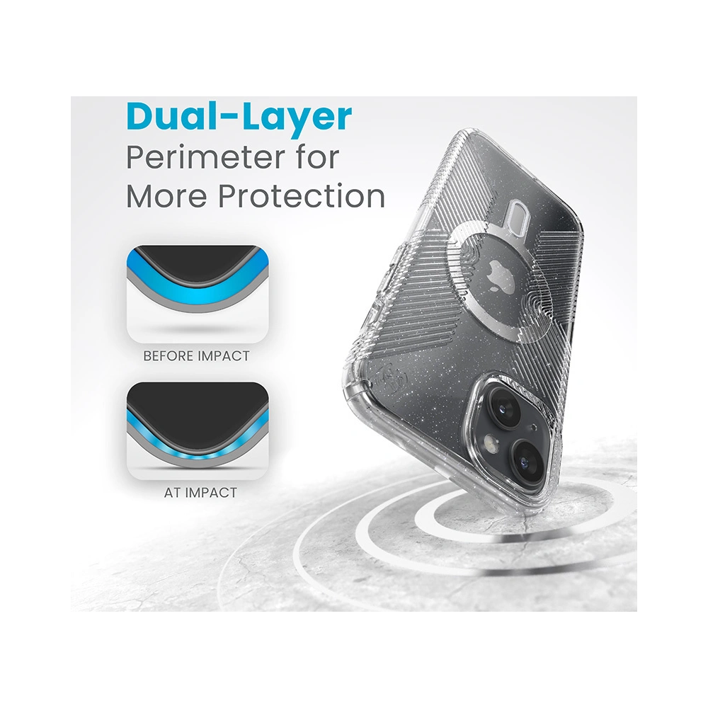 Etui Speck Presidio Lux Grip ClickLock MagSafe Apple iPhone 15 Plus / 14 Plus (Clear/Chrome Finish/Serene Silver)