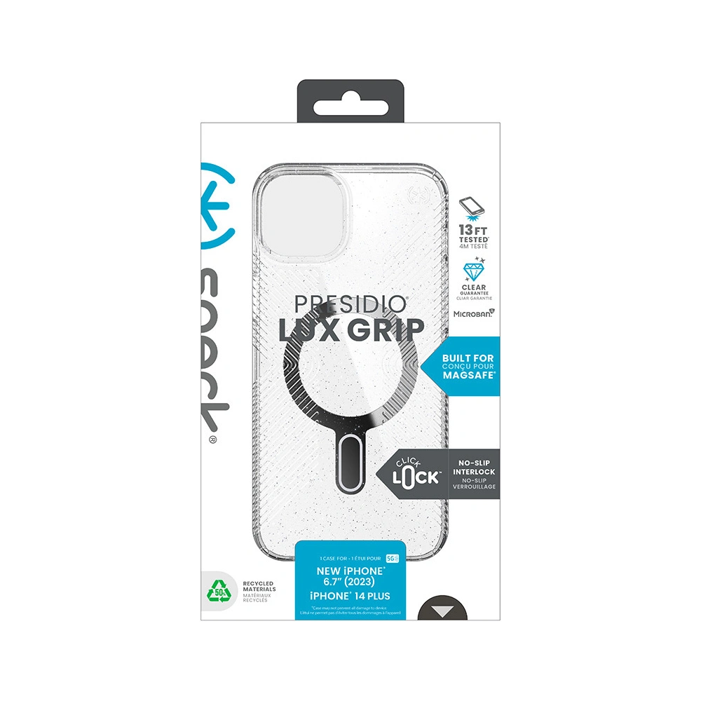 Etui Speck Presidio Lux Grip ClickLock MagSafe Apple iPhone 15 Plus / 14 Plus (Clear/Chrome Finish/Serene Silver)