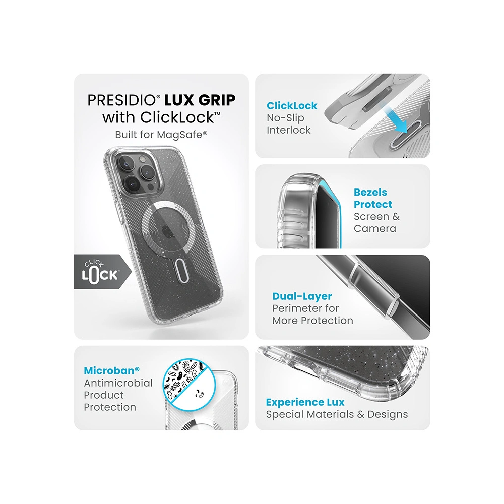 Etui Speck Presidio Lux Grip ClickLock MagSafe Apple iPhone 15 Pro Max (Clear/Chrome Finish/Serene Silver)