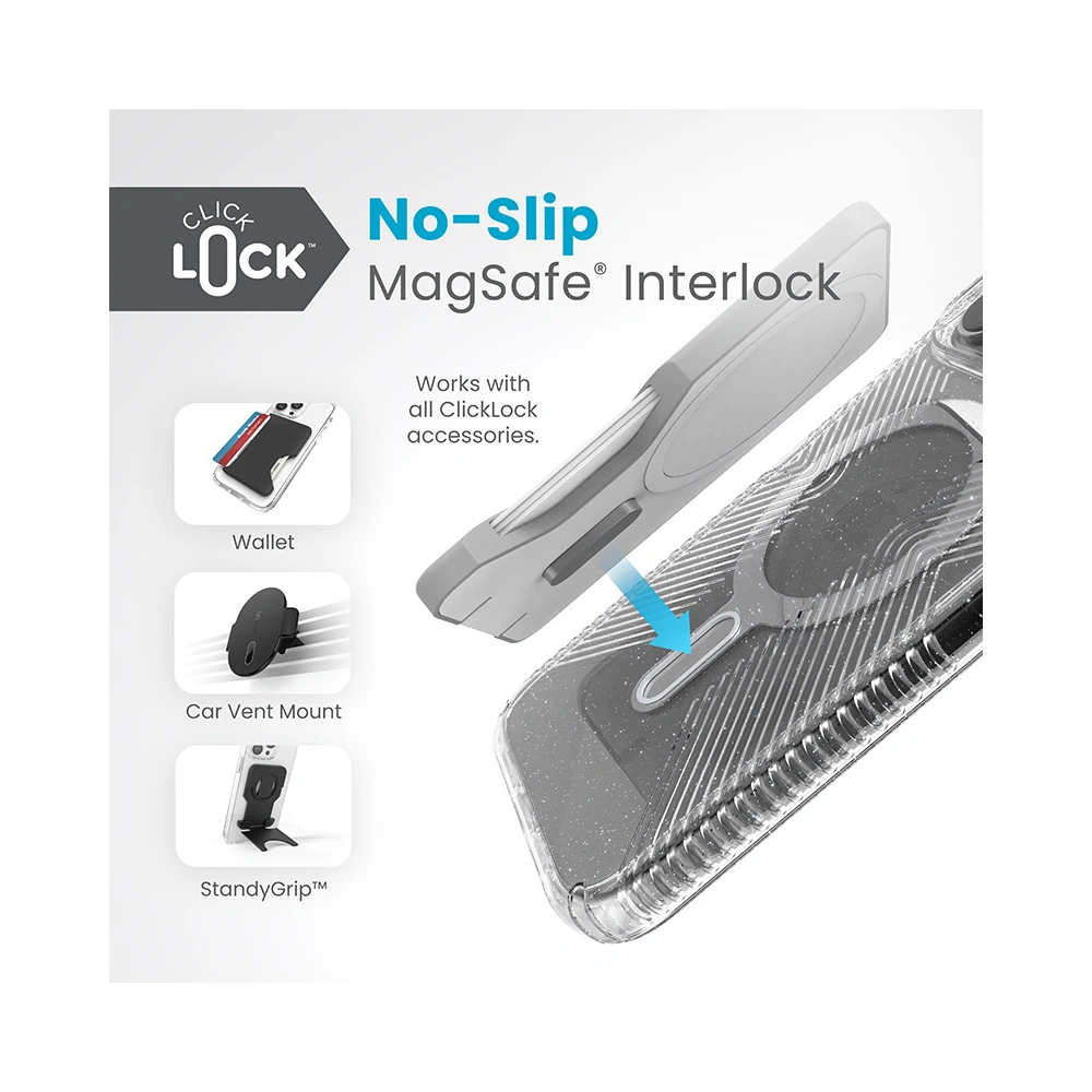 Etui Speck Presidio Lux Grip ClickLock MagSafe Apple iPhone 15 Pro Max (Clear/Chrome Finish/Serene Silver)