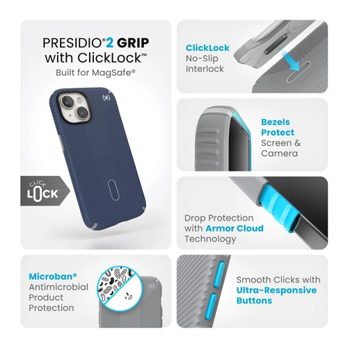 Kup Case Speck Presidio2 Grip ClickLock MagSafe Apple iPhone 15 (Küstliches Blau/Dustgrey/Weiß) - SPK540 - {ean13} - Sklep Home Screen