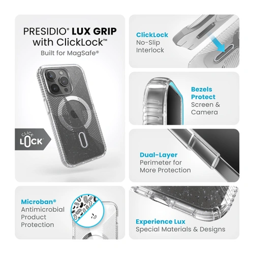 Kup Etui Speck Presidio Lux Grip ClickLock MagSafe Apple iPhone 15 Pro (Clear/Chrome Finish/Serene Silver) - SPK556 - {ean13} - Sklep Home Screen
