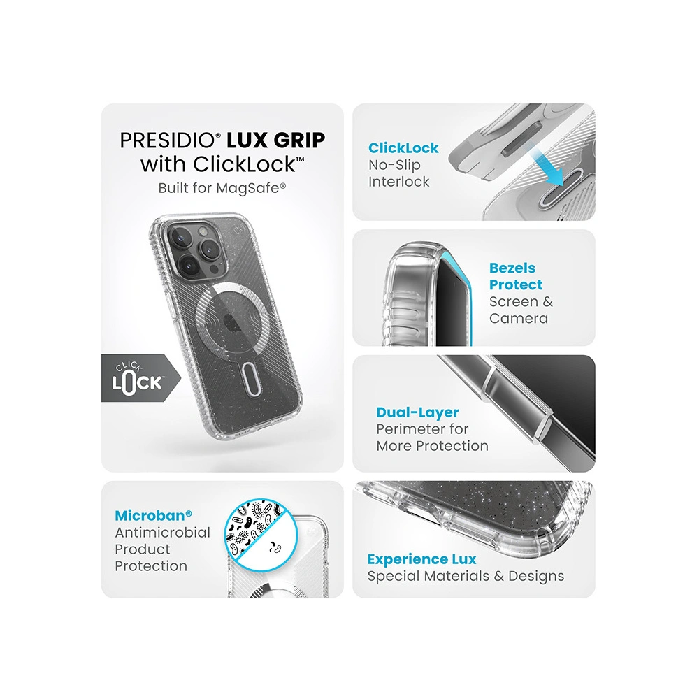 Etui Speck Presidio Lux Grip ClickLock MagSafe Apple iPhone 15 Pro (Clear/Chrome Finish/Serene Silver)