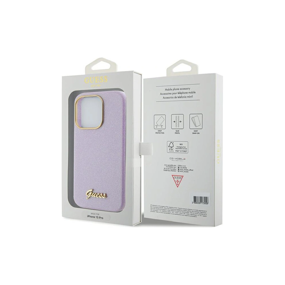 Etui Guess GUHCP15LPGMCSL Apple iPhone 15 Pro hardcase Glitter Glossy Script liliowy/lilac