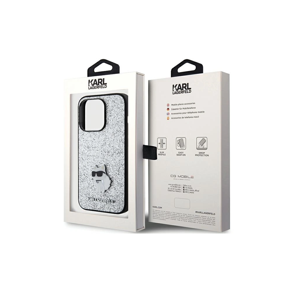 Etui Karl Lagerfeld KLHCP15LGCNPSG Apple iPhone 15 Pro hardcase Fixed Glitter Choupette Logo Metal Pin srebrny/silver