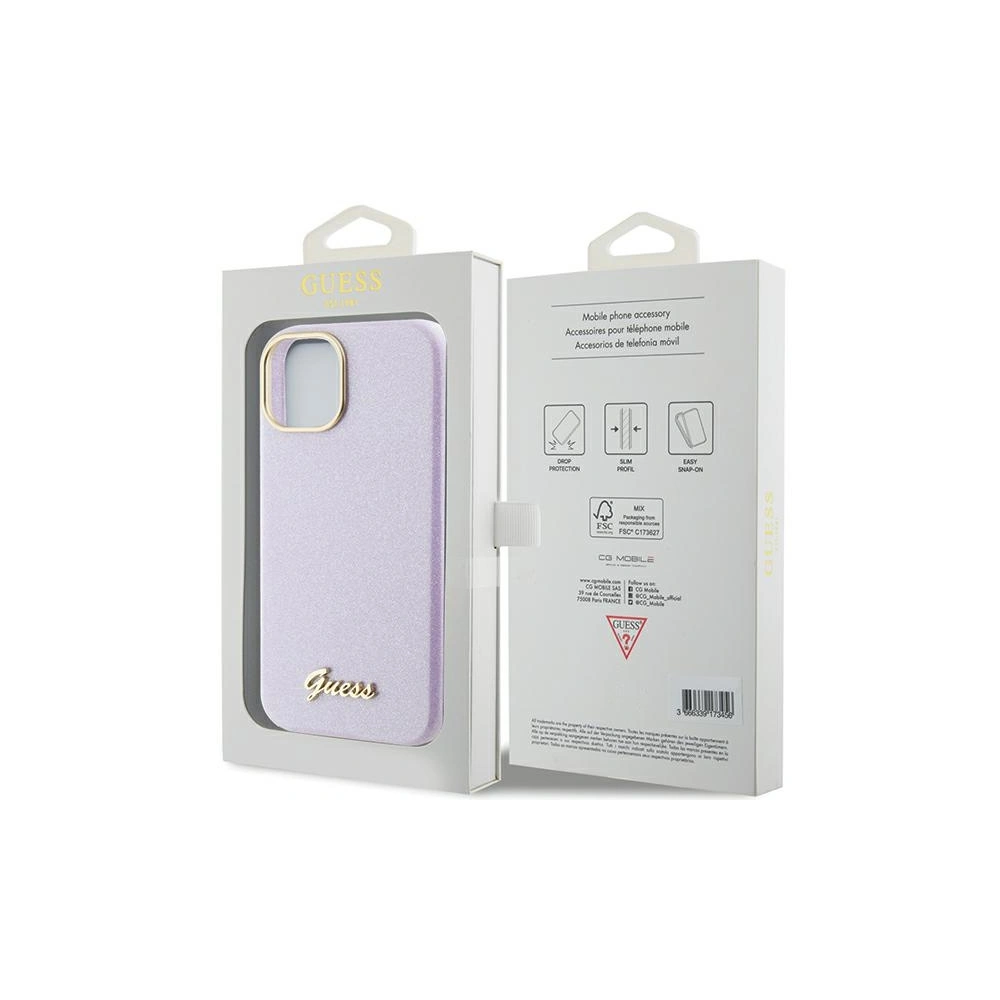 Etui Guess GUHCP15SPGMCSL Apple iPhone 15 hardcase Glitter Glossy Script liliowy/lilac