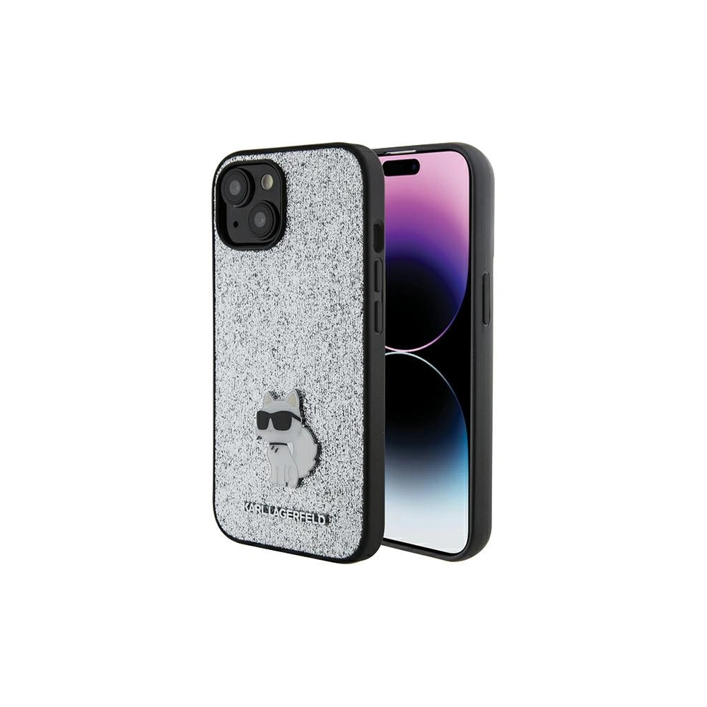 Etui Karl Lagerfeld KLHCP15SGCNPSG Apple iPhone 15 hardcase Fixed Glitter Choupette Logo Metal Pin srebrny/silver