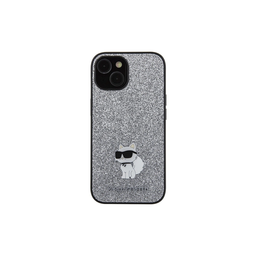 Etui Karl Lagerfeld KLHCP15SGCNPSG Apple iPhone 15 hardcase Fixed Glitter Choupette Logo Metal Pin srebrny/silver