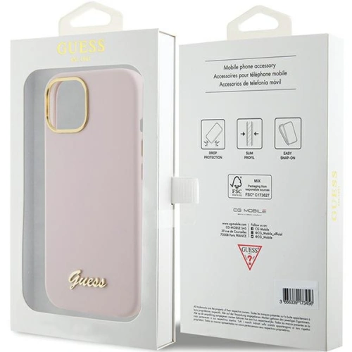 Kup Etui Guess GUHCP15SSMBSLP Apple iPhone 15 hardcase Silicone Script Metal Logo & Frame różowy/pink - GUE2966 - {ean13} - Sklep Home Screen