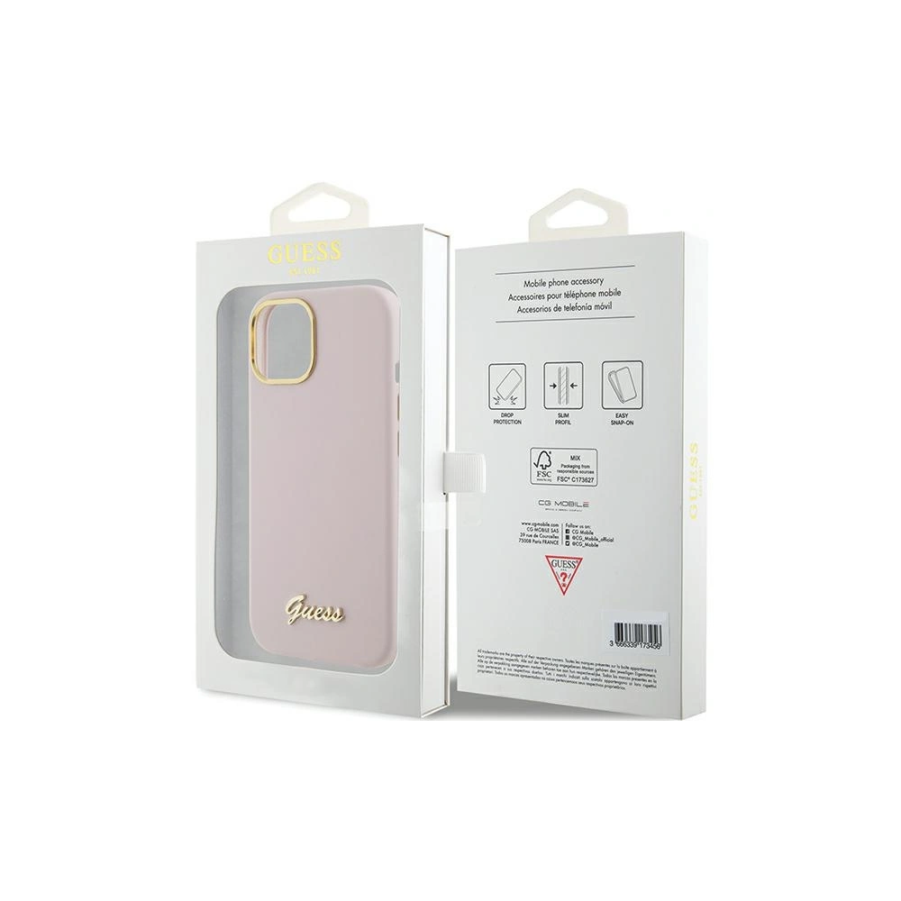 Etui Guess GUHCP15SSMBSLP Apple iPhone 15 hardcase Silicone Script Metal Logo & Frame różowy/pink
