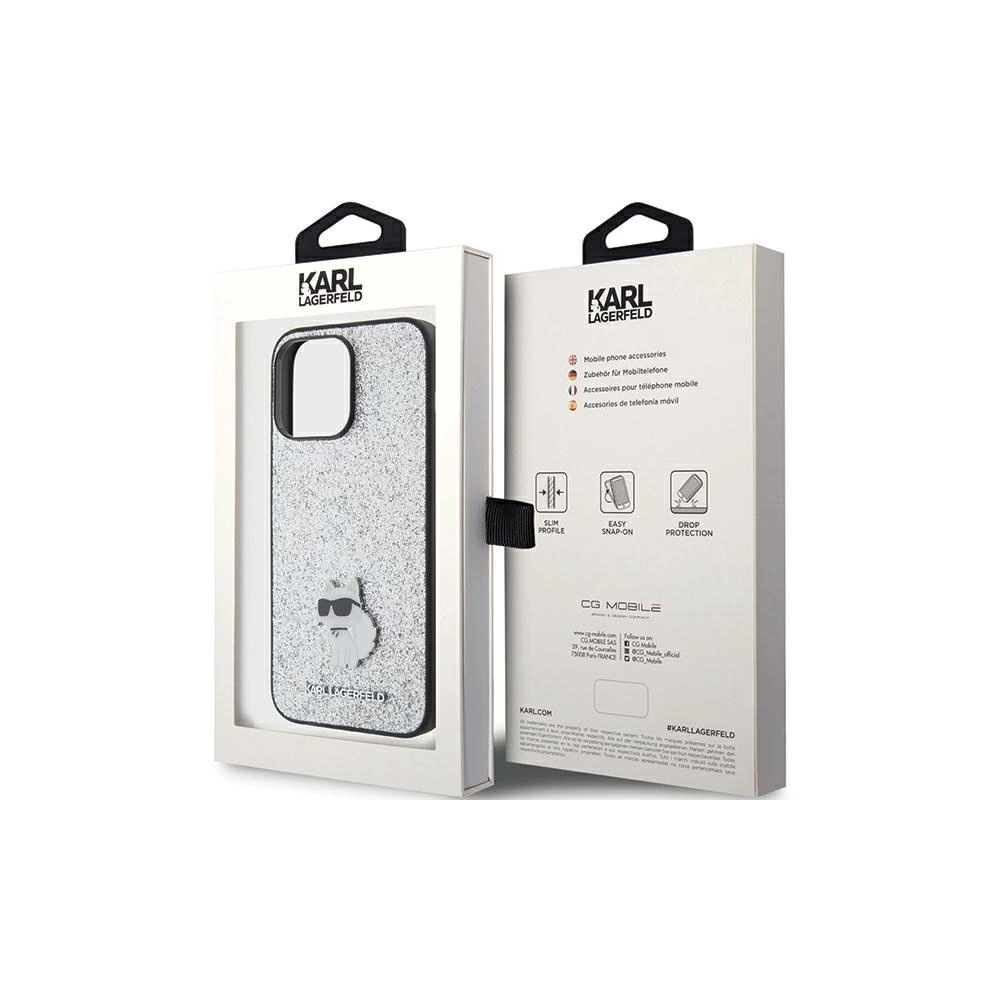 Etui Karl Lagerfeld KLHCP15XGCNPSG Apple iPhone 15 Pro Max hardcase Fixed Glitter Choupette Logo Metal Pin srebrny/silver