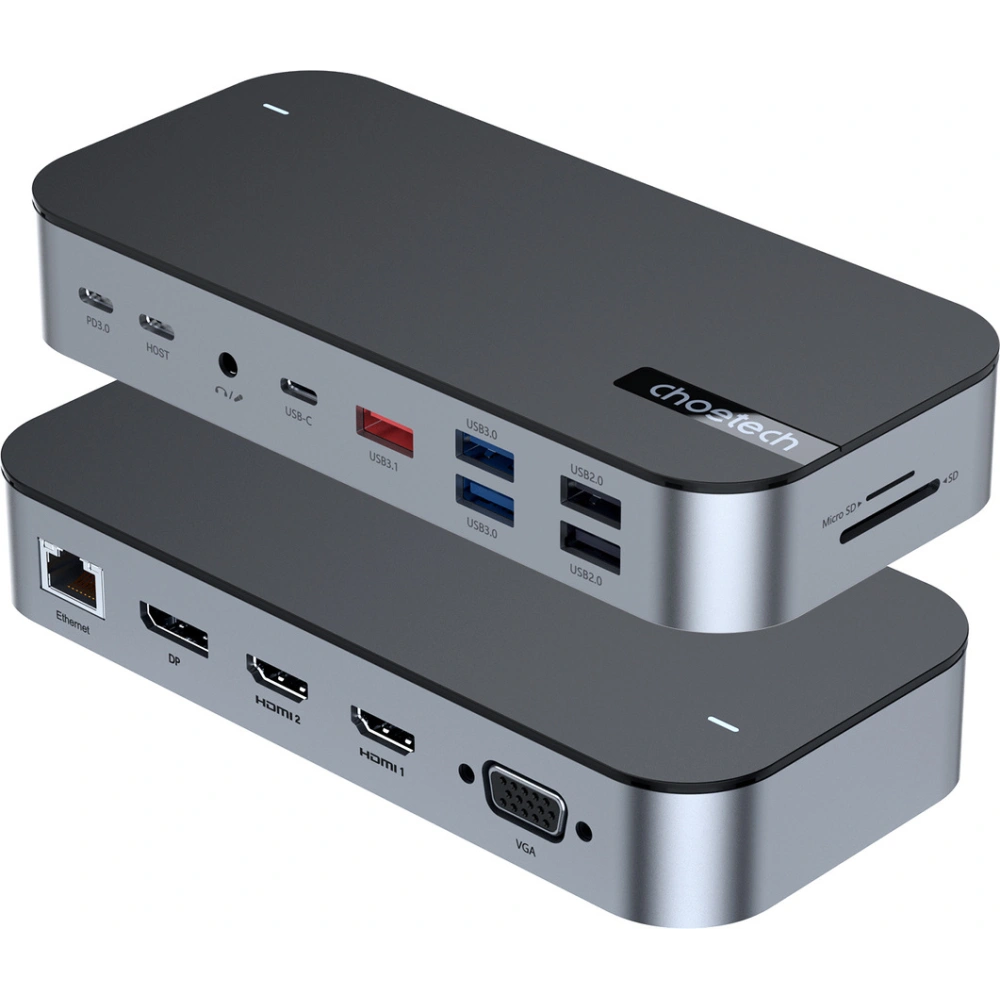 HUB Choetech M52 adapter USB-C / USB-C PD, USB-C, USB-A, HDMI, VGA, DP, SD, TF, RJ45, AUX szary