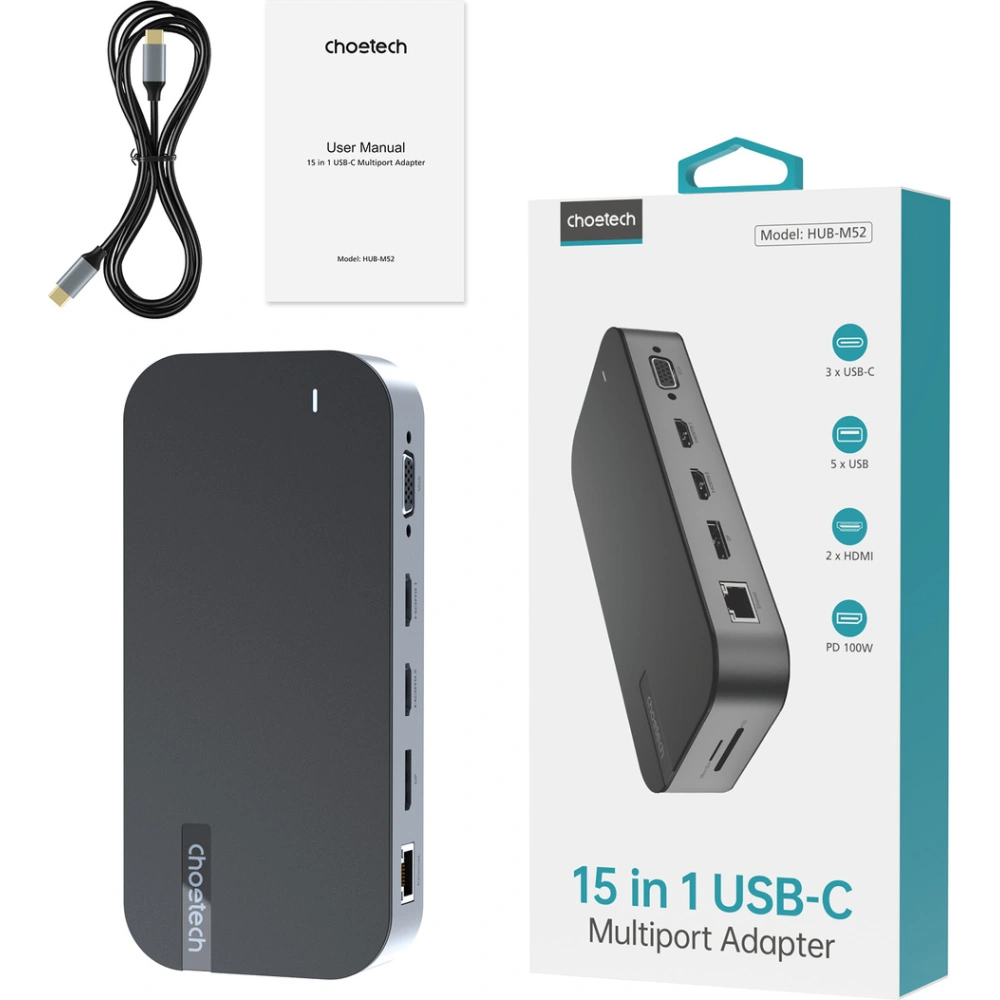 HUB Choetech M52 adapter USB-C / USB-C PD, USB-C, USB-A, HDMI, VGA, DP, SD, TF, RJ45, AUX szary