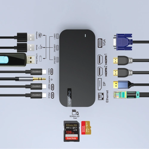 Kup HUB Choetech M52 adapter USB-C / USB-C PD, USB-C, USB-A, HDMI, VGA, DP, SD, TF, RJ45, AUX szary - CHT191 - {ean13} - Sklep Home Screen