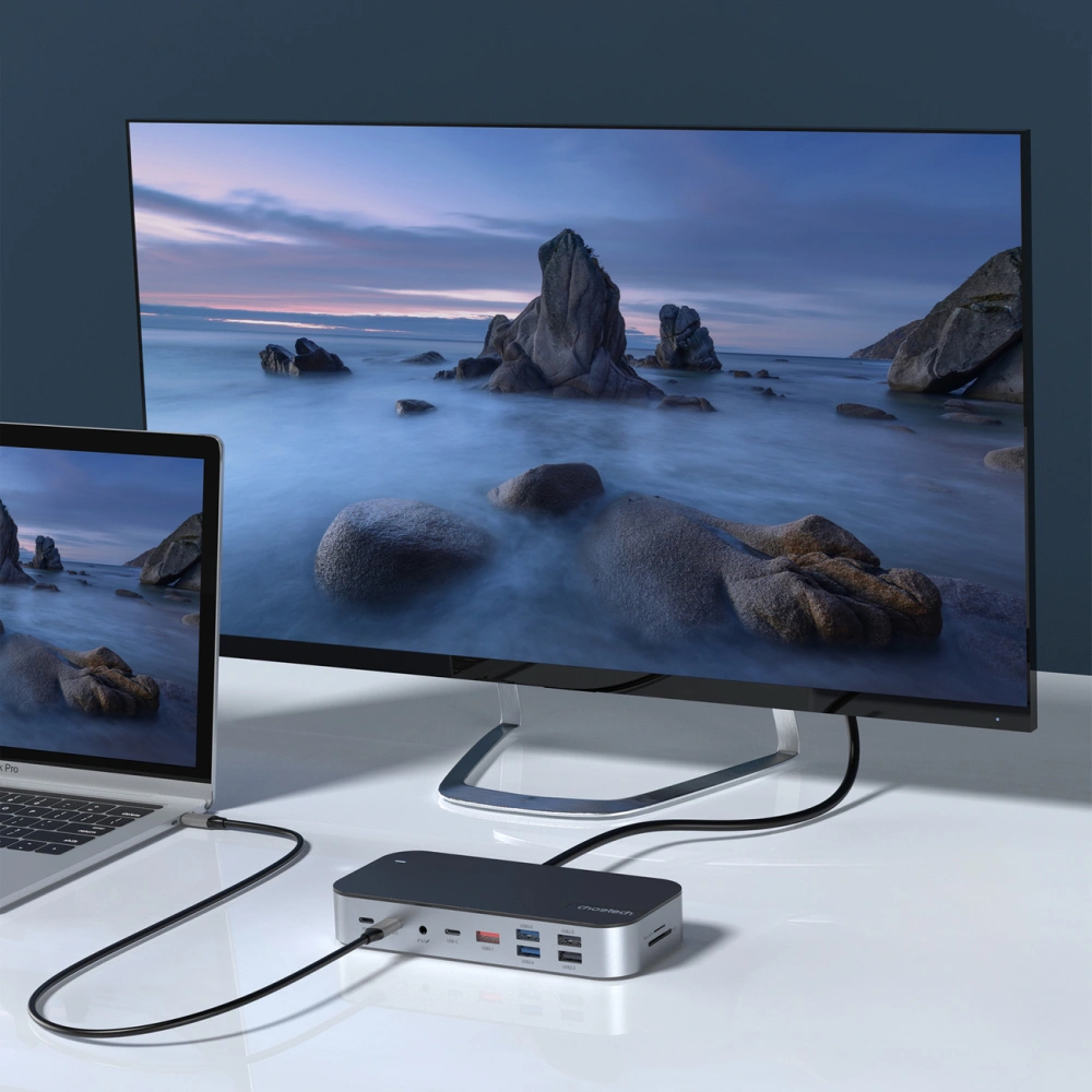 HUB Choetech M52 adapter USB-C / USB-C PD, USB-C, USB-A, HDMI, VGA, DP, SD, TF, RJ45, AUX szary