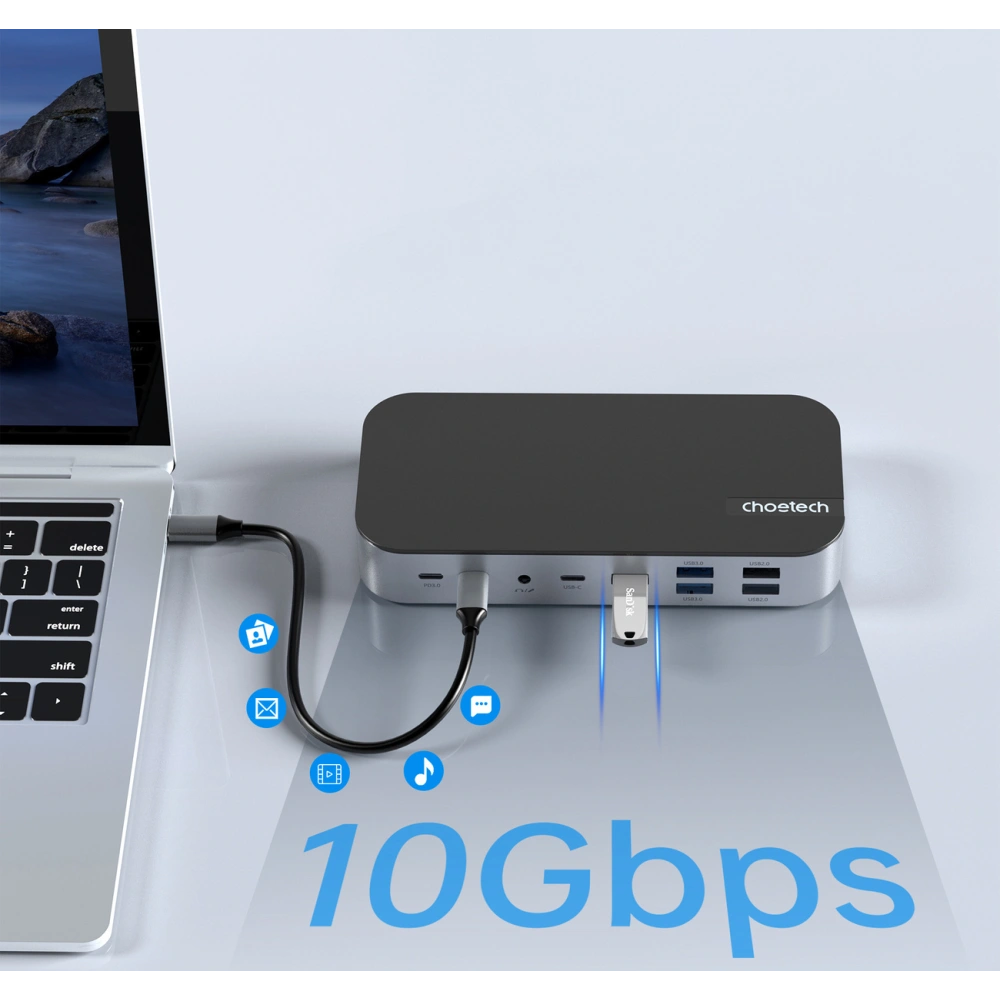 HUB Choetech M52 adapter USB-C / USB-C PD, USB-C, USB-A, HDMI, VGA, DP, SD, TF, RJ45, AUX szary