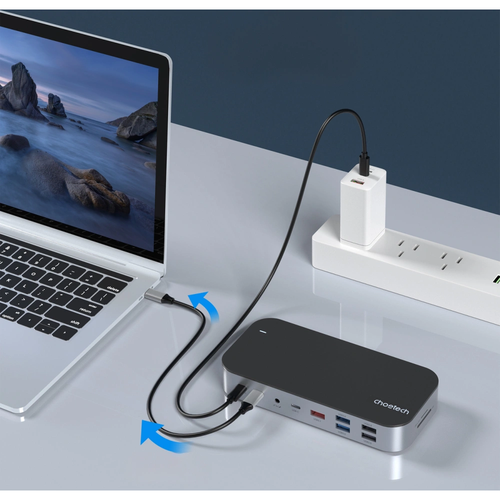 HUB Choetech M52 adapter USB-C / USB-C PD, USB-C, USB-A, HDMI, VGA, DP, SD, TF, RJ45, AUX szary