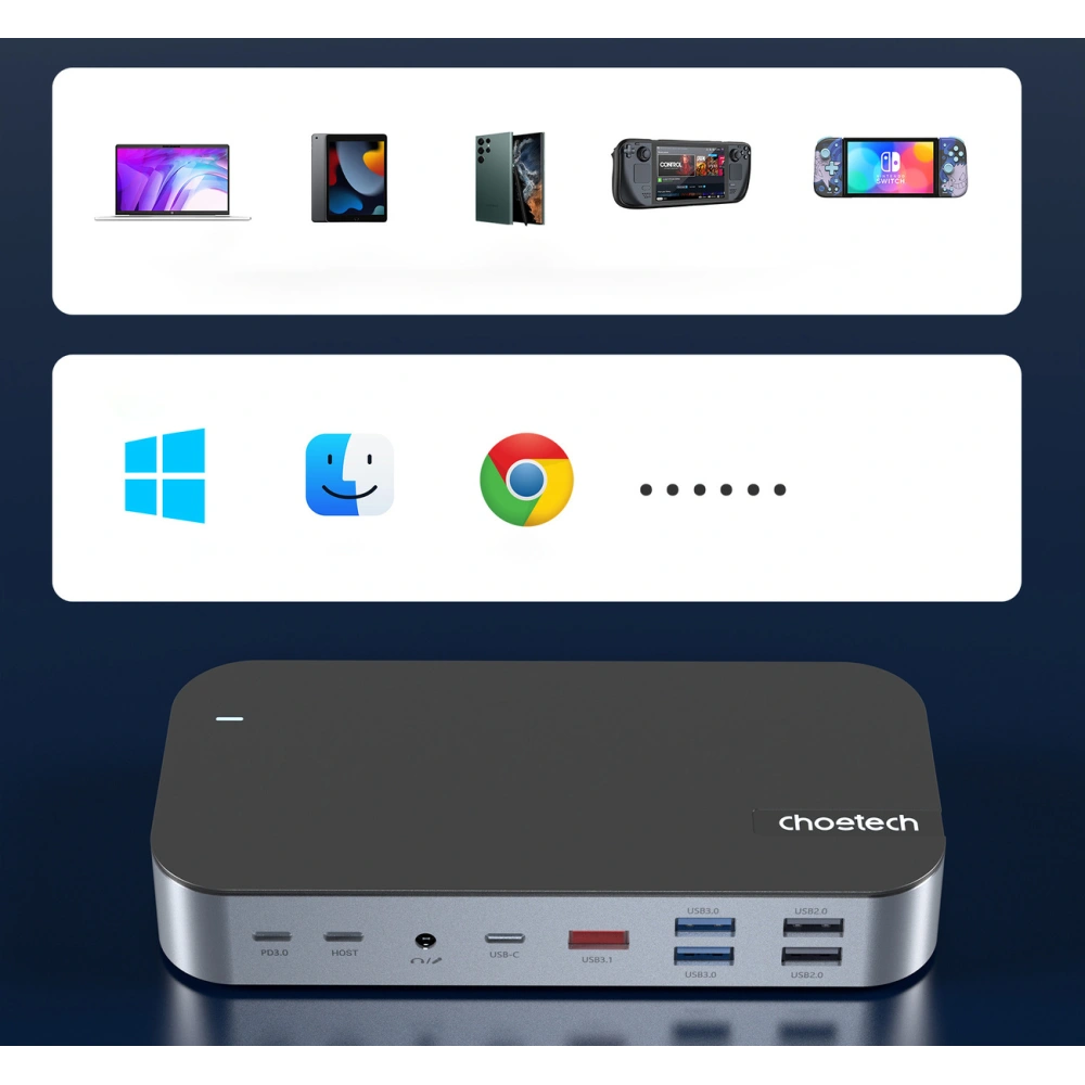 HUB Choetech M52 adapter USB-C / USB-C PD, USB-C, USB-A, HDMI, VGA, DP, SD, TF, RJ45, AUX szary