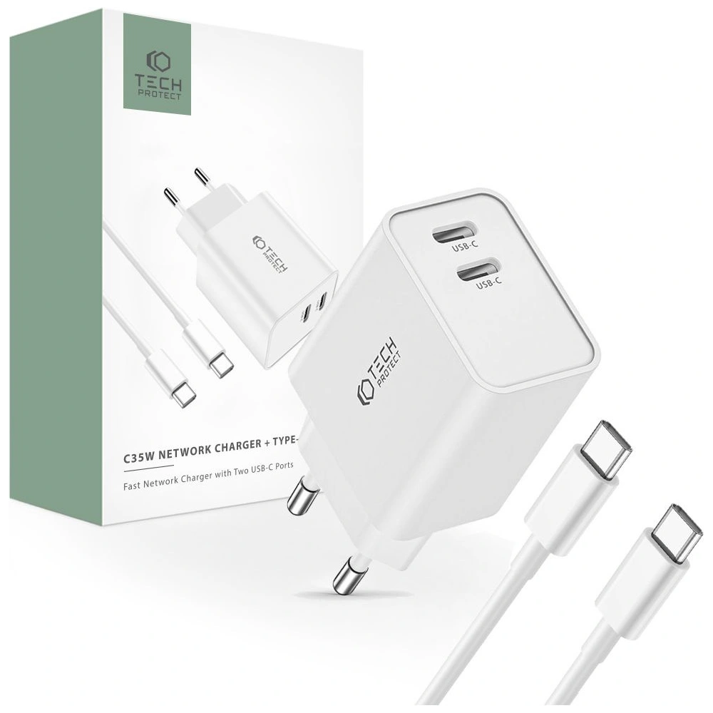 Ładowarka sieciowa Tech-Protect C35W, 2xUSB-C, PD, 35W + kabel USB-C biała