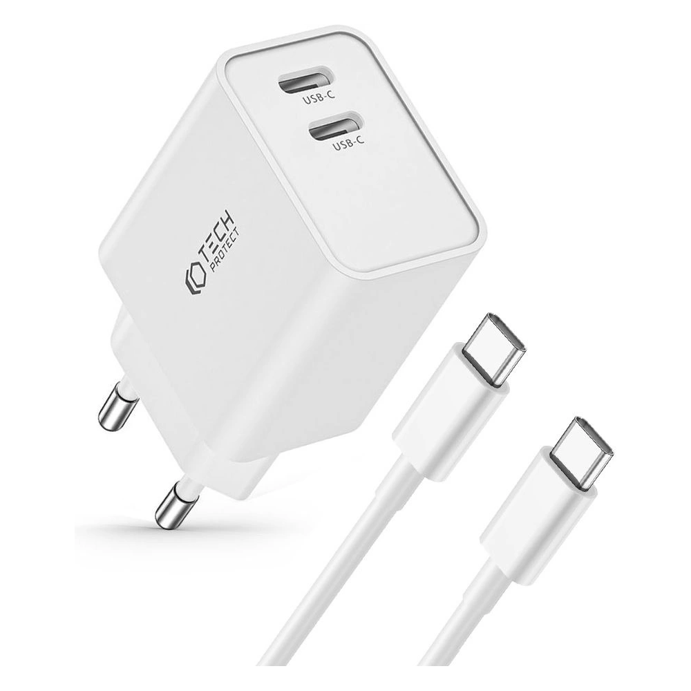 Ładowarka sieciowa Tech-Protect C35W, 2xUSB-C, PD, 35W + kabel USB-C biała