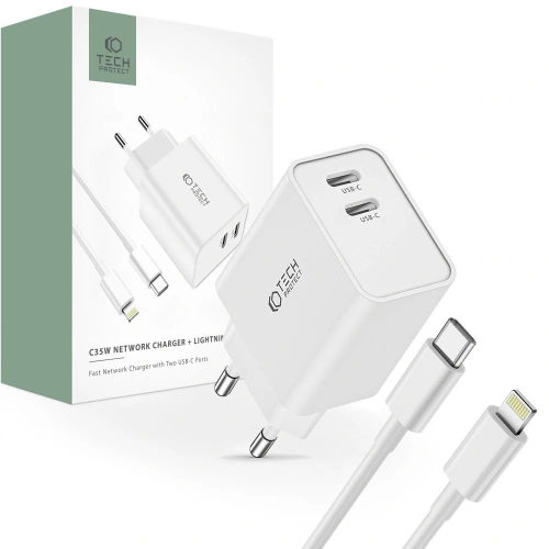 Kup Síťová nabíječka Tech-Protect C35W, 2xUSB-C, PD, 35W + bílý lightning kabel - THP2362 - {ean13} - Sklep Home Screen