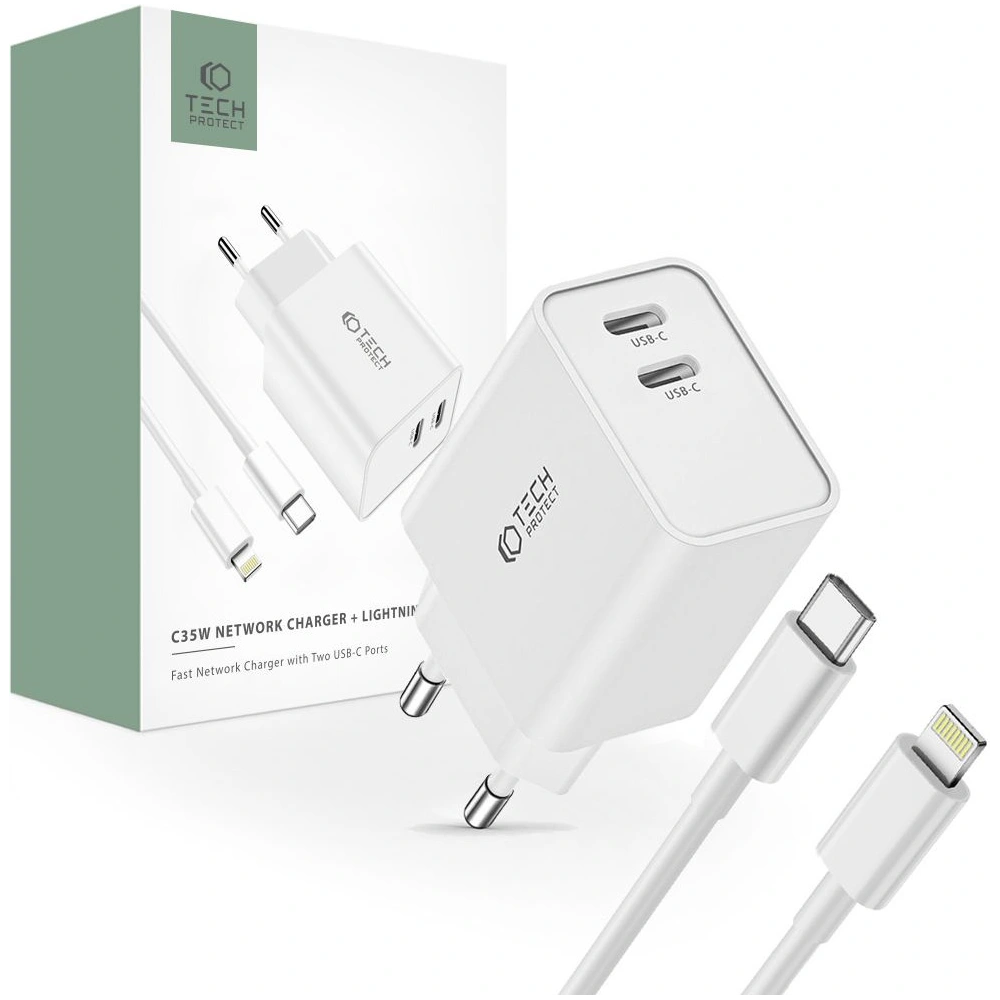 Ładowarka sieciowa Tech-Protect C35W, 2xUSB-C, PD, 35W + kabel lightning biała