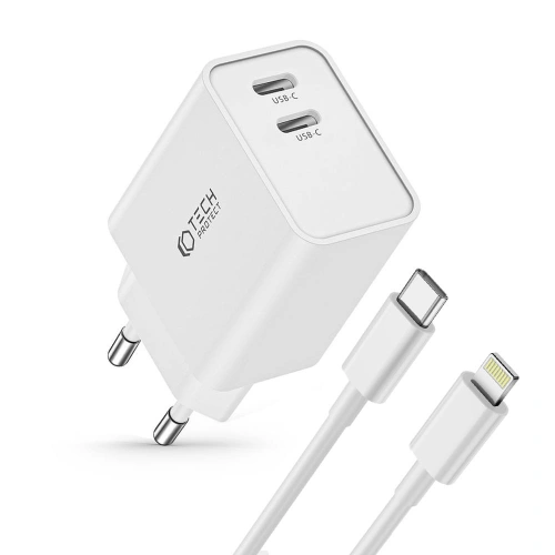 Kup Síťová nabíječka Tech-Protect C35W, 2xUSB-C, PD, 35W + bílý lightning kabel - THP2362 - {ean13} - Sklep Home Screen