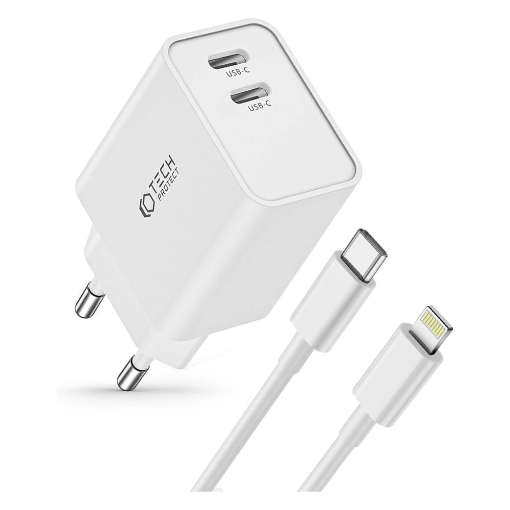 Ładowarka sieciowa Tech-Protect C35W, 2xUSB-C, PD, 35W + kabel lightning biała