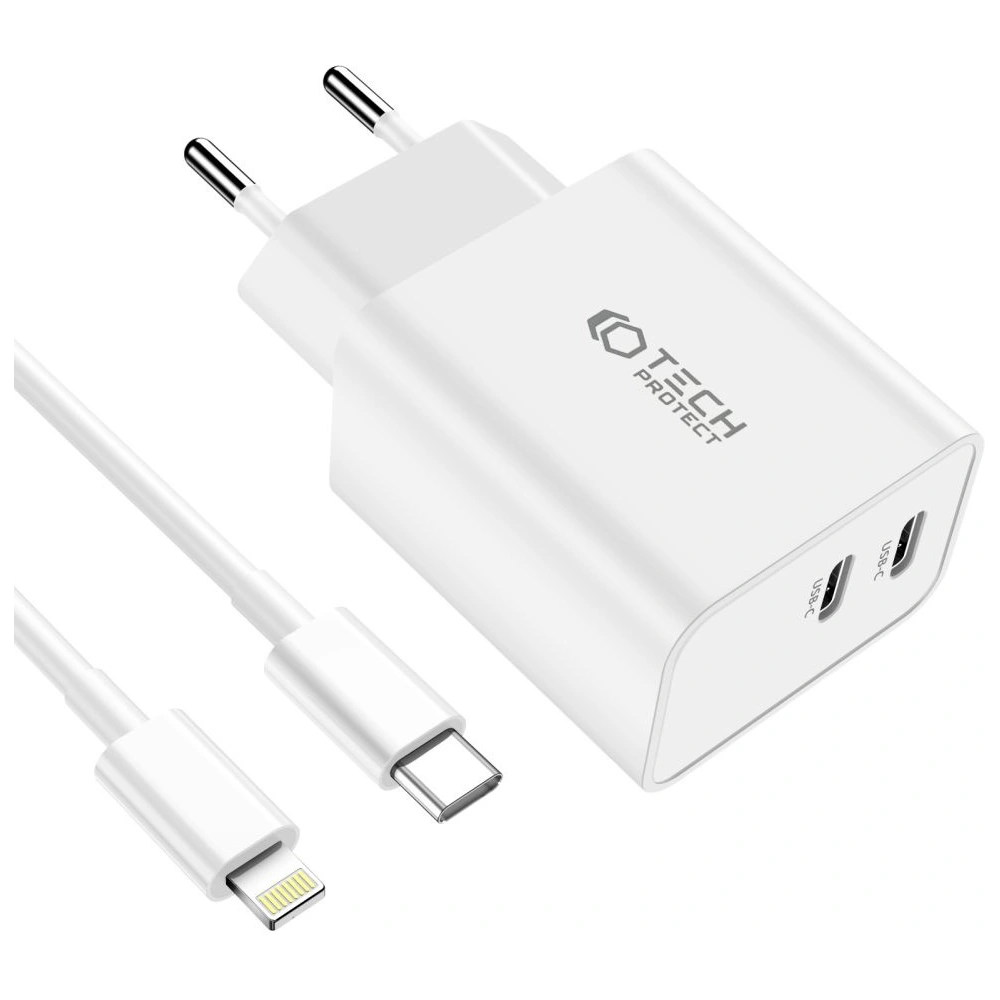 Ładowarka sieciowa Tech-Protect C35W, 2xUSB-C, PD, 35W + kabel lightning biała