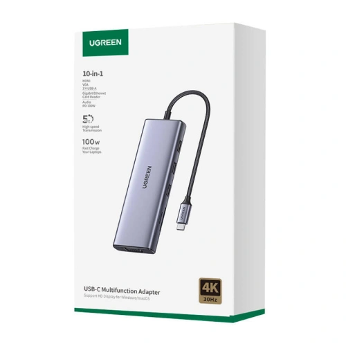 Kup AUX3.5mmHUB UGREEN CM498 10in1 adaptor USB-C / 3xUSB-A 3.0, HDMI, VGA, RJ45, SD/TF, , PD - UGR1712 - {ean13} - Sklep Home Screen