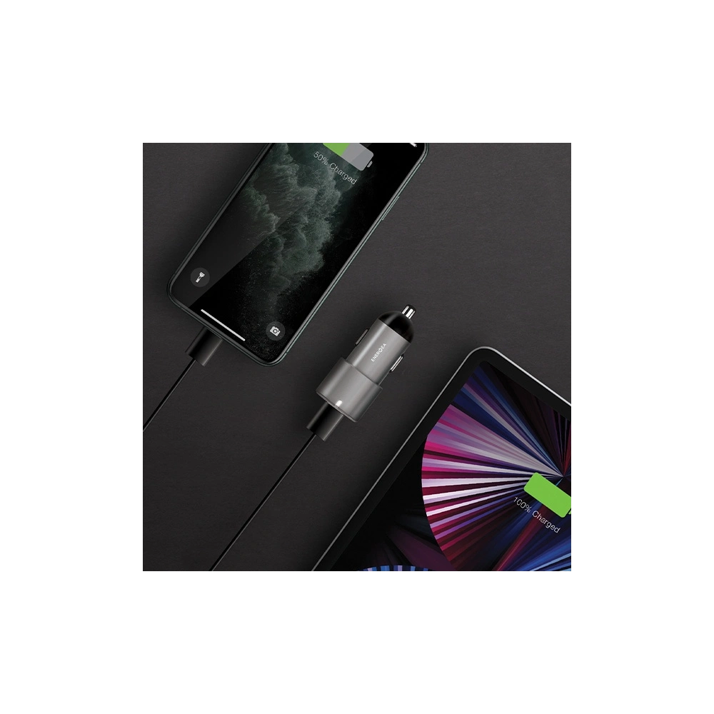 Ładowarka samochodowa ENERGEA Alu Drive D60 2xUSB-C, PD, PPS, 66W stalowy/gunmetal