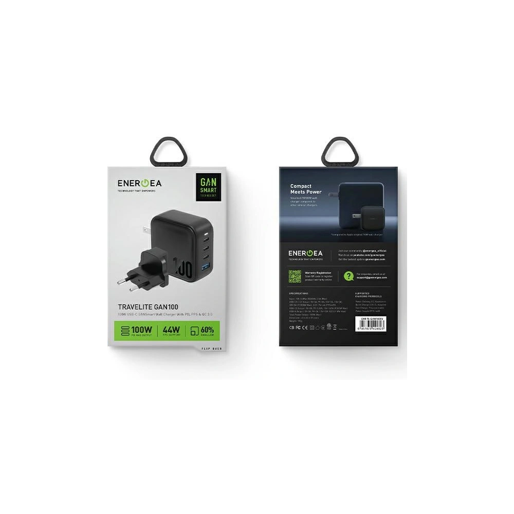 Ładowarka sieciowa ENERGEA US+EU Travelite GAN100 USB-A, 3xUSB-C, PD, PPS, QC 3.0, 100W czarny/black 