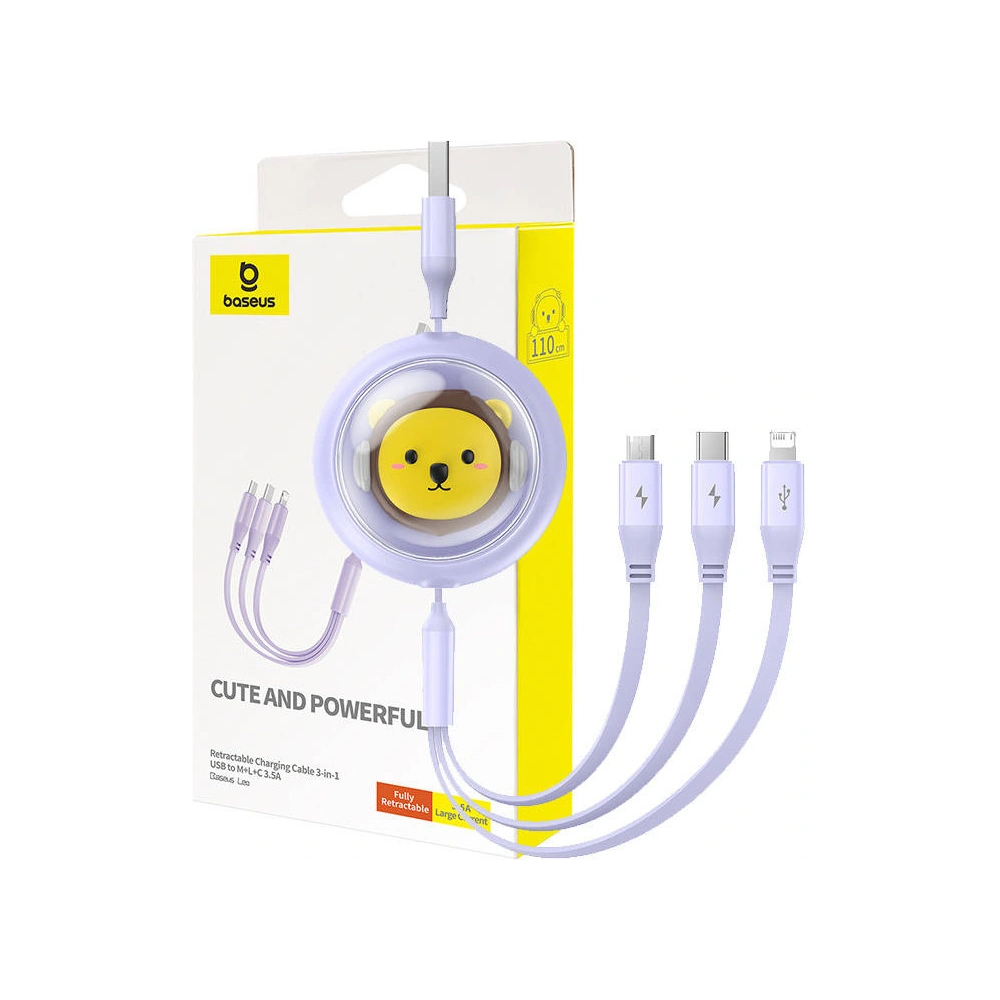 Kabel 3w1 Baseus USB-A / USB-C, USB-A, Lightning 3,5A 1.1m (fioletowy)