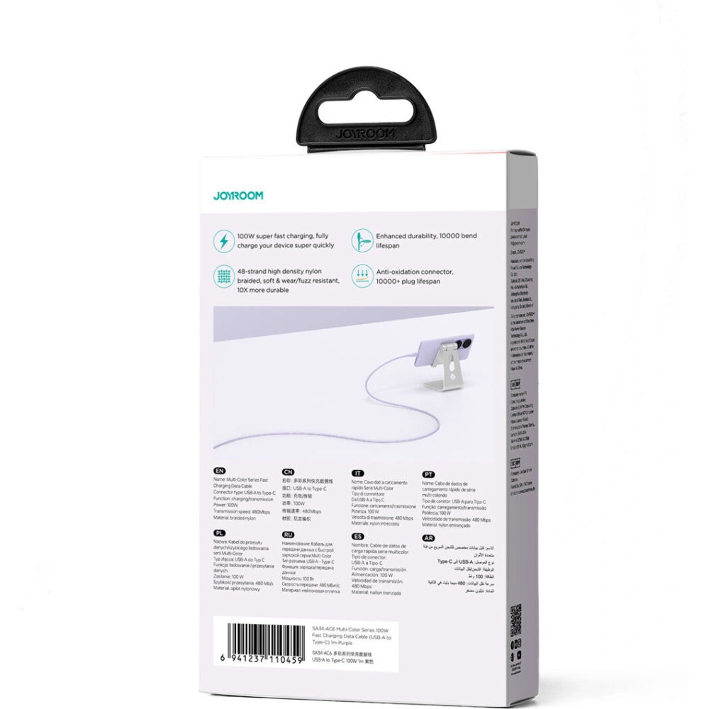 Kabel Joyroom Multi-Color Series SA34-AC6 USB-A / USB-C 100W 1m fioletowy
