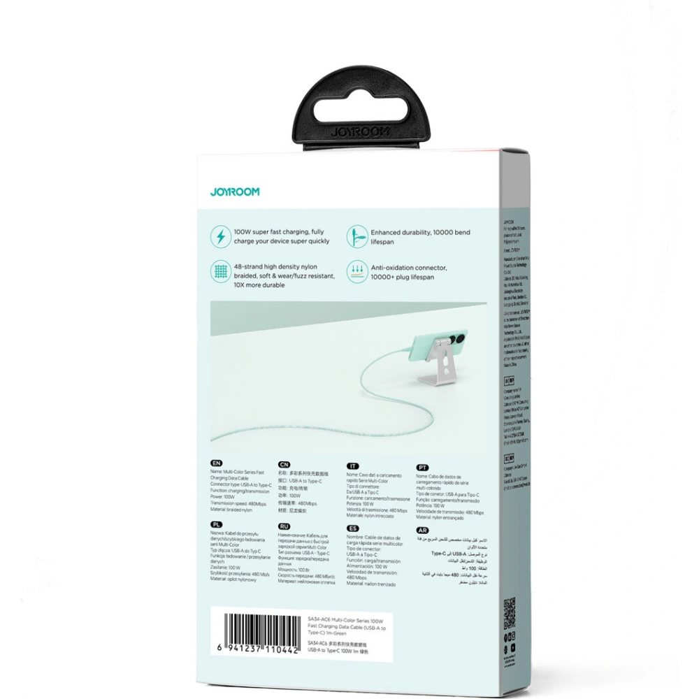 Kabel Joyroom Multi-Color Series SA34-AC6 USB-A / USB-C 100W 1m zielony