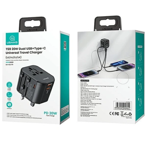 Kup 4-in-1 USAMS T59 încărcător de călătorie US/AU/EU/UK adaptor de călătorie negru/negru - USA1008 - {ean13} - Sklep Home Screen
