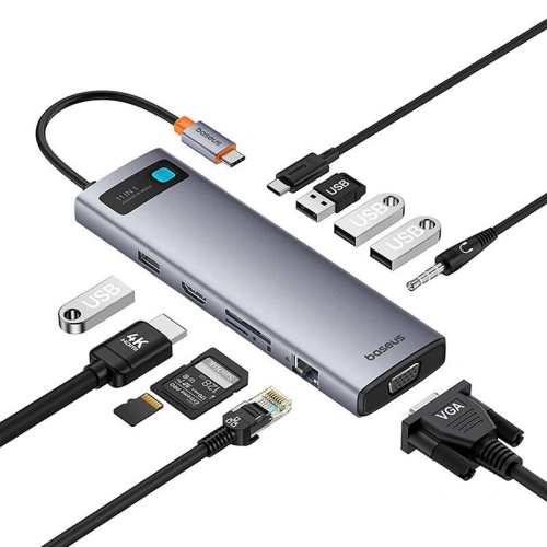 Kup Adapter 11w1 Baseus StarJoy Metal Glam Series Hub USB-C / HDMI, VGA, 3xUSB-A 3.0, USB-A 2.0, USB-C PD, RJ45, SD/TF, 3,5mm - BSU4767 - {ean13} - Sklep Home Screen