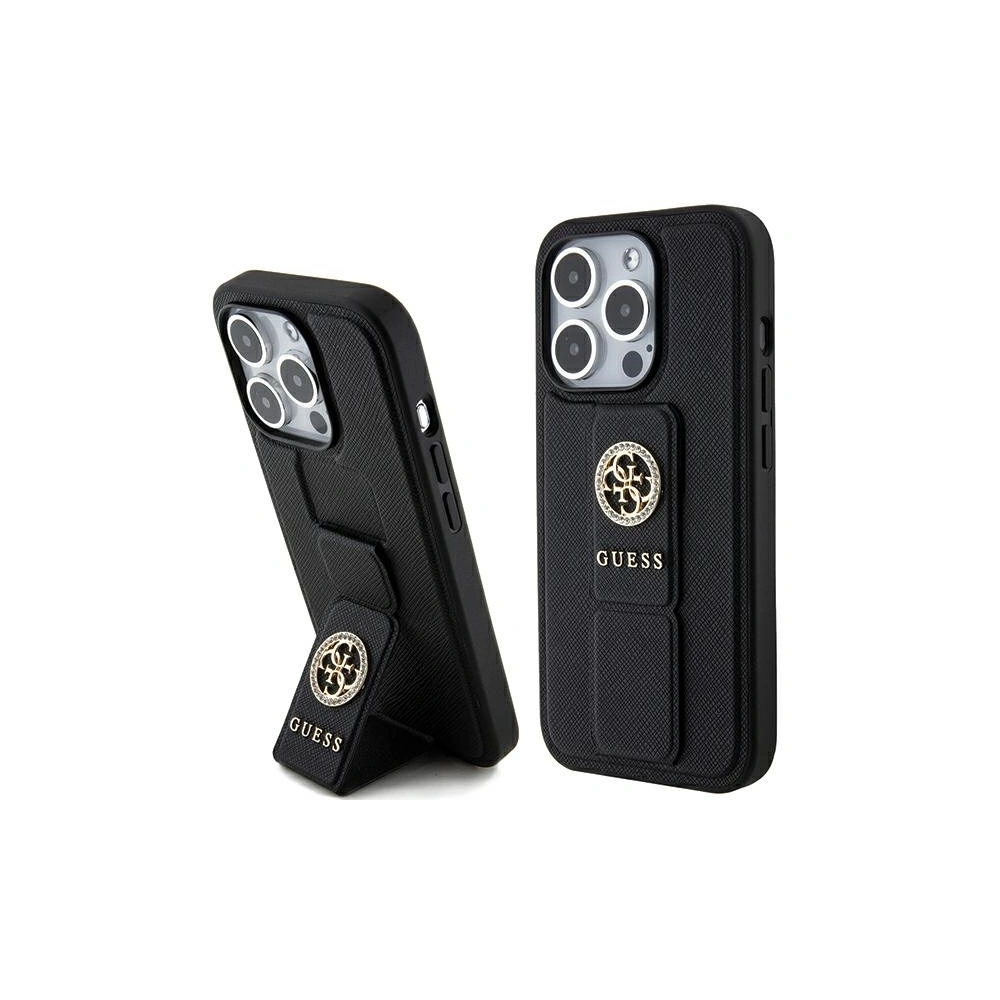 Etui Guess GUHCP15LPGSSADK iPhone 15 Pro czarny/black hardcase Grip Stand 4G Saffiano Strass