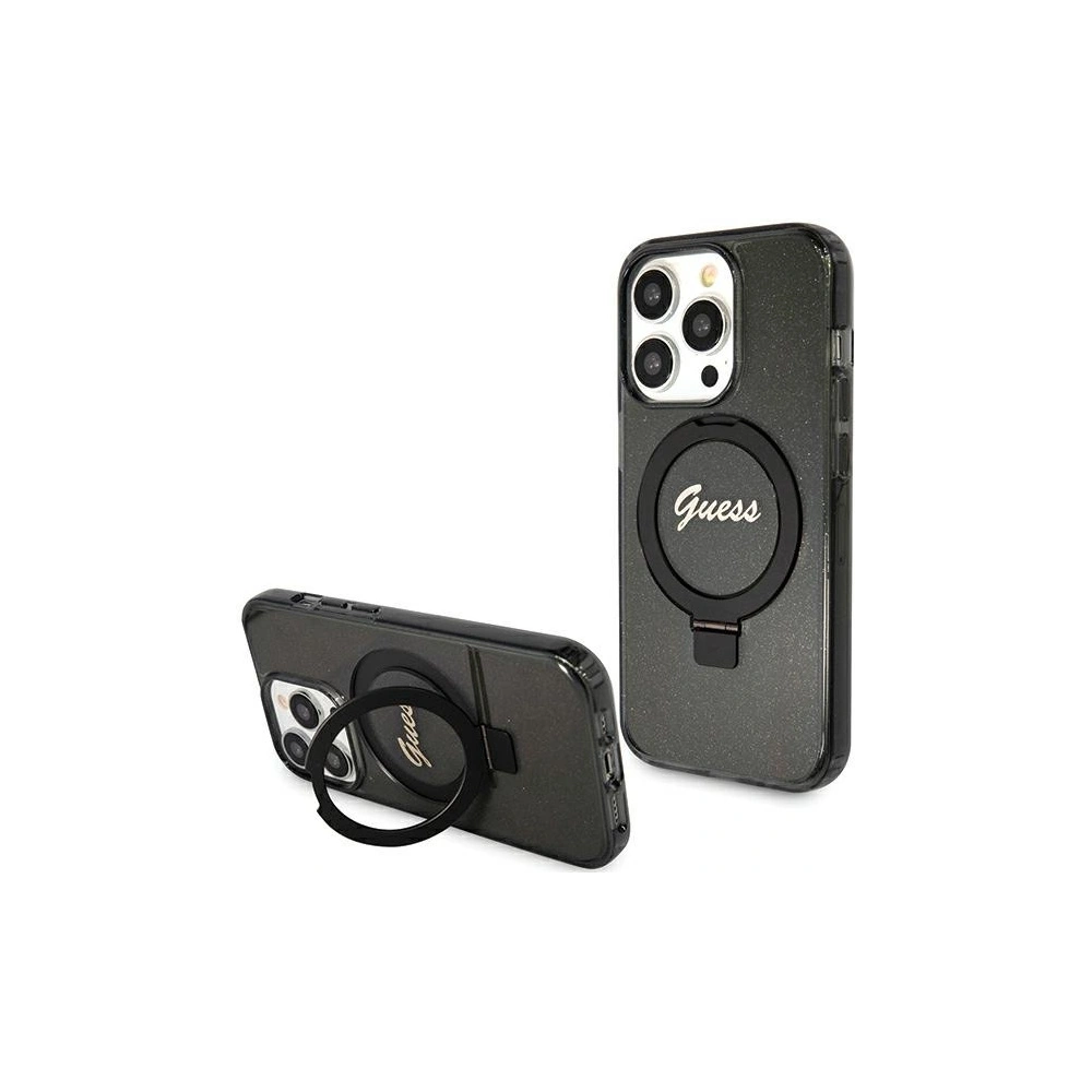 Etui Guess GUHMP15LHRSGSK Apple iPhone 15 Pro hardcase Ring Stand Script Glitter MagSafe czarny/black