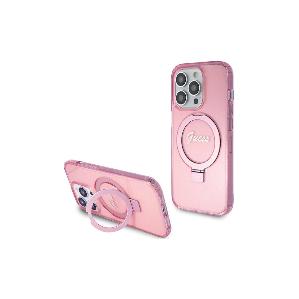 Etui Guess GUHMP15LHRSGSP Apple iPhone 15 Pro hardcase Ring Stand Script Glitter MagSafe różowy/pink