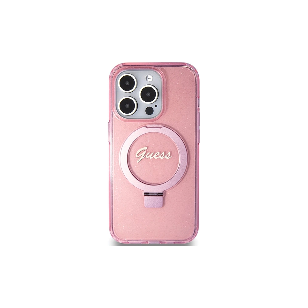 Etui Guess GUHMP15LHRSGSP Apple iPhone 15 Pro hardcase Ring Stand Script Glitter MagSafe różowy/pink